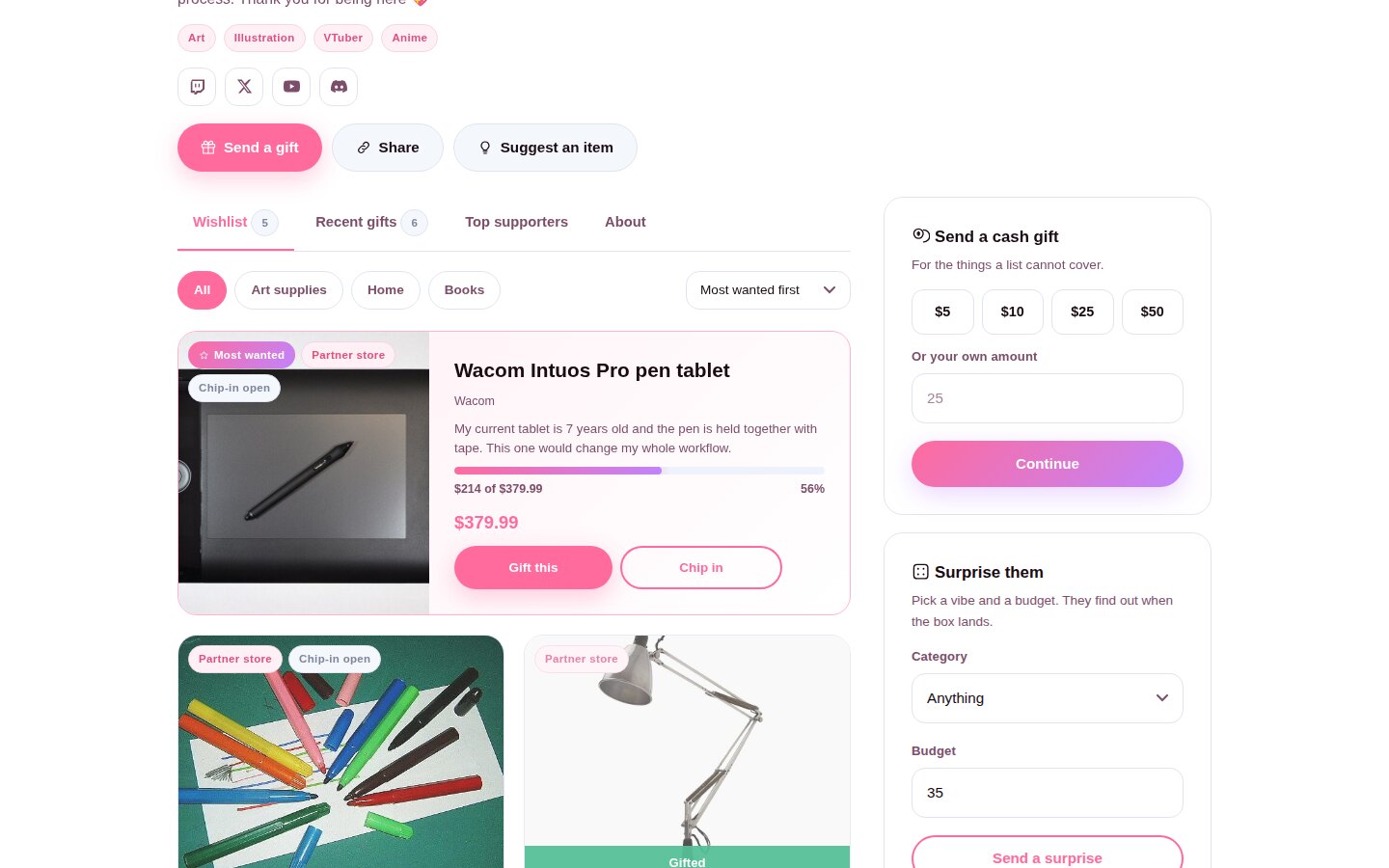 A creator wishlist page on BakaBoost